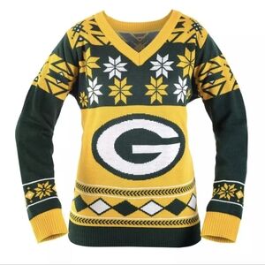 Green Bay Packers NFL Women's Big Logo V-Neck Ugly Christmas Sweater